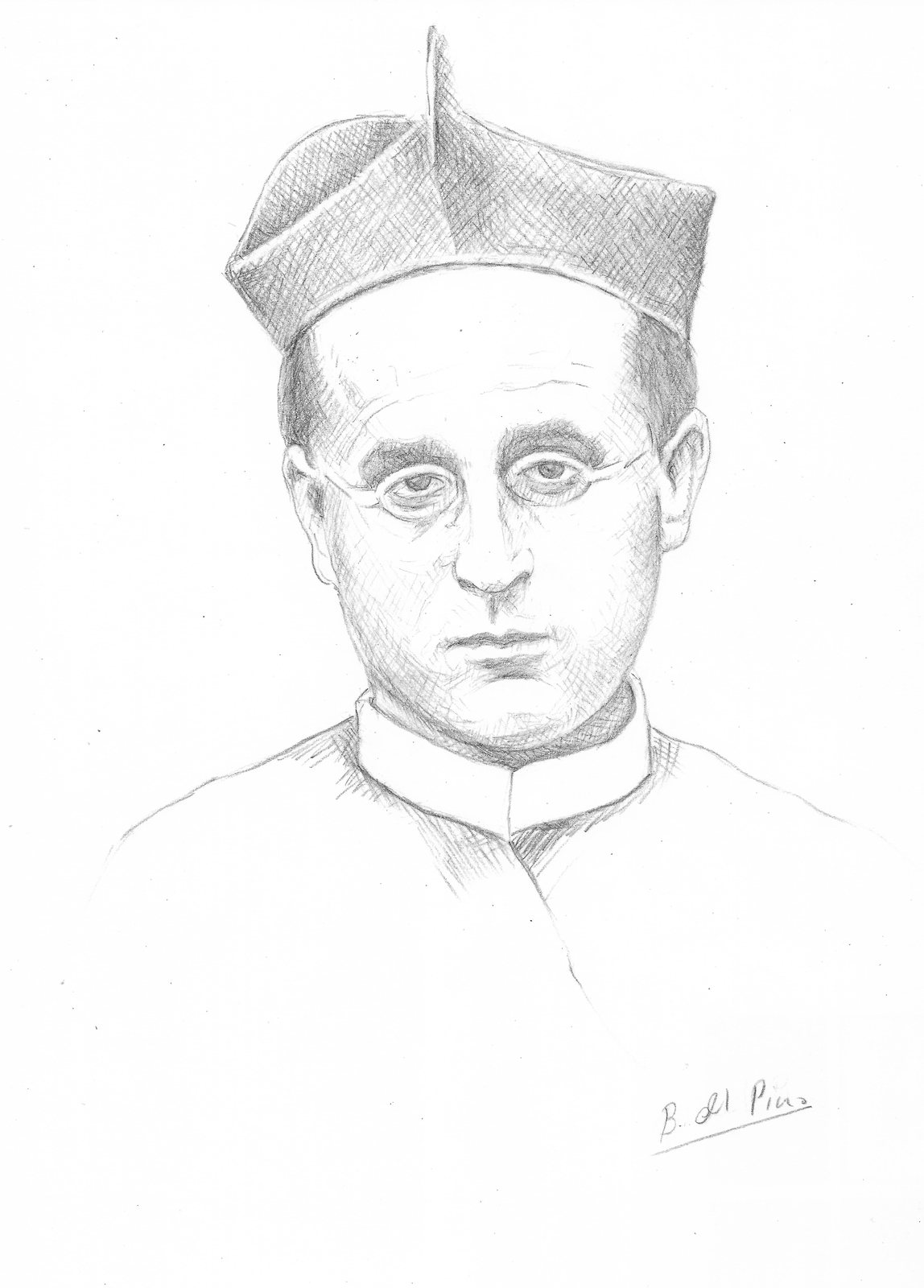 Pencil portrait of Fr Donato Jiménez wearing a biretta and spectacles, signed by B. del Pino.